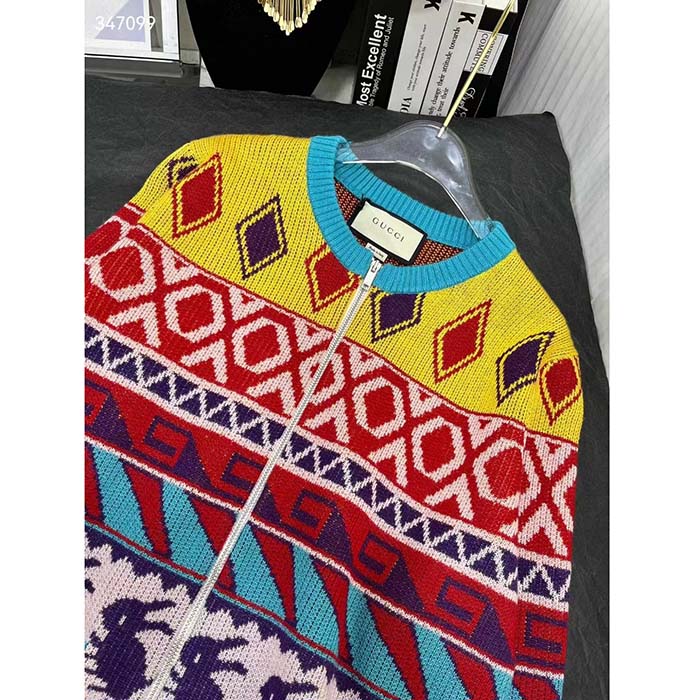 Gucci Women GG Wool Jacquard Zip Jacket Multicolor Geometric Motif Wool Bunny Label