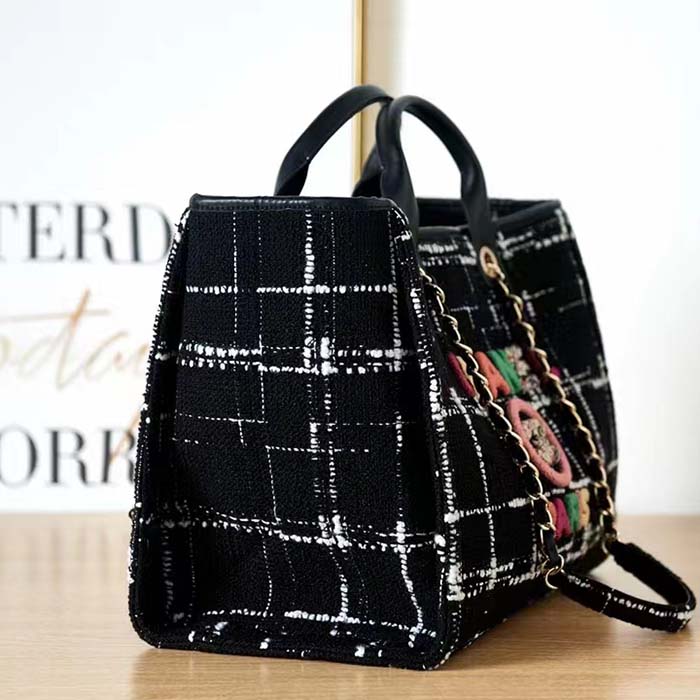 Chanel Women CC Large Shopping Bag Wool Tweed Gold-Tone Metal Black White