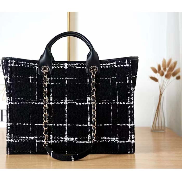 Chanel Women CC Large Shopping Bag Wool Tweed Gold-Tone Metal Black White