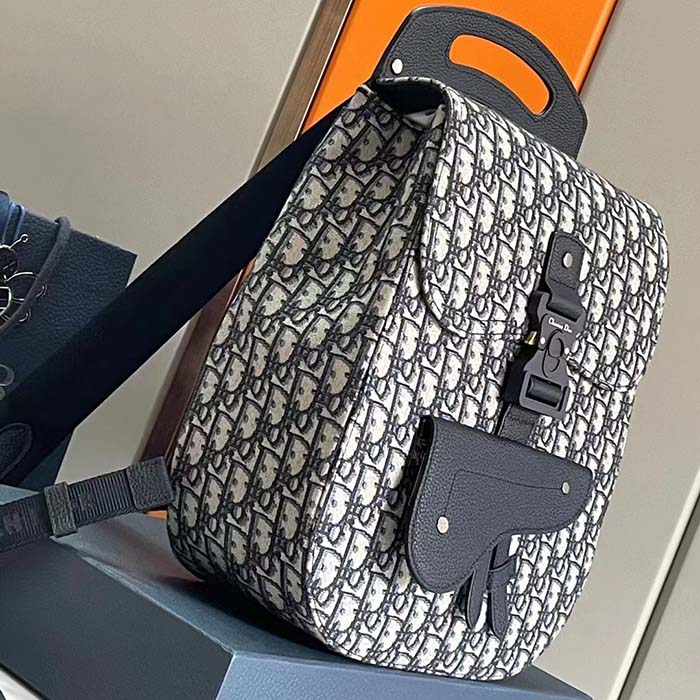 Dior Unisex CD Gallop Backpack Beige Black Oblique Jacquard Black Grained Calfskin
