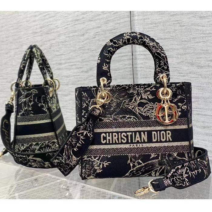 Dior Women CD Medium Lady D-Lite Bag Black Multicolor Jardin D’Hiver Embroidered Cotton