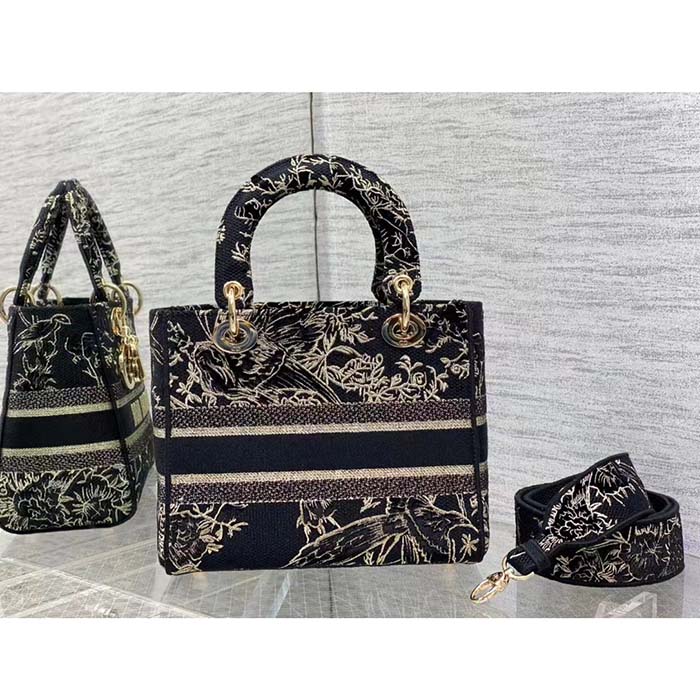 Dior Women CD Medium Lady D-Lite Bag Black Multicolor Jardin D’Hiver Embroidered Cotton