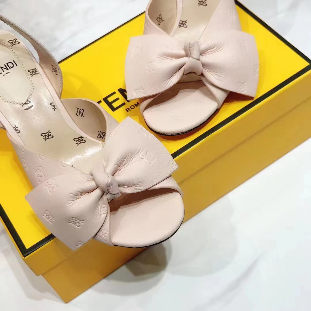 Fendi Women Slingback Sandals Wide Strap Maxi Bow Beige Leather