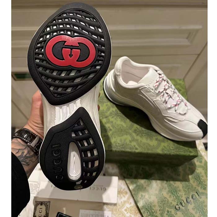Gucci Unisex GG Run Sneaker White Leather Blue Mid Heel Red Interlocking G 6 Cm Heel