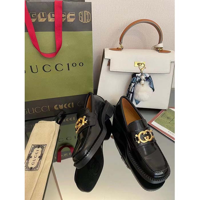 Gucci Unisex GG Loafer Interlocking G Shiny Black Leather Studs Rubber Low Heel