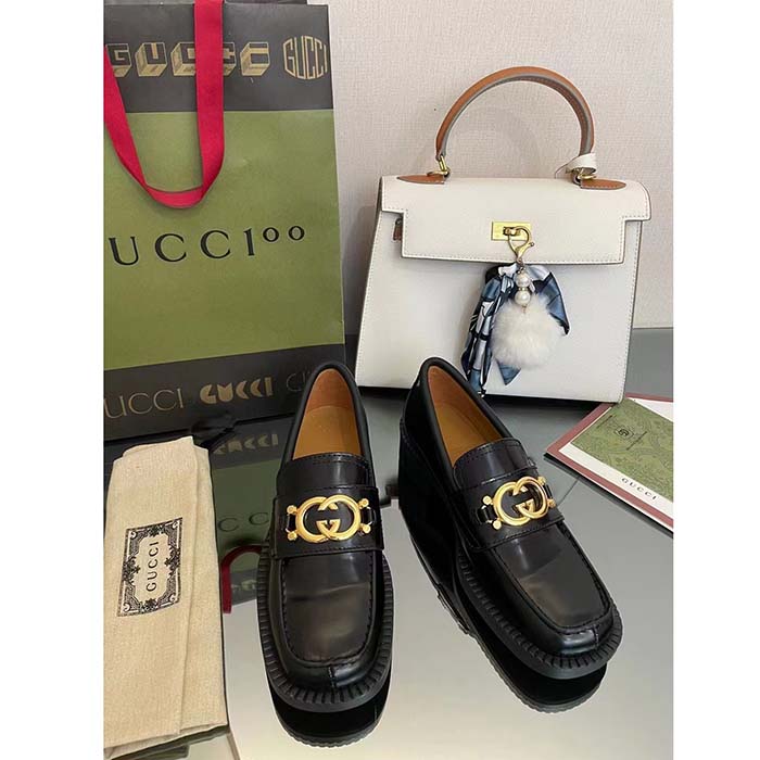 Gucci Unisex GG Loafer Interlocking G Shiny Black Leather Studs Rubber Low Heel