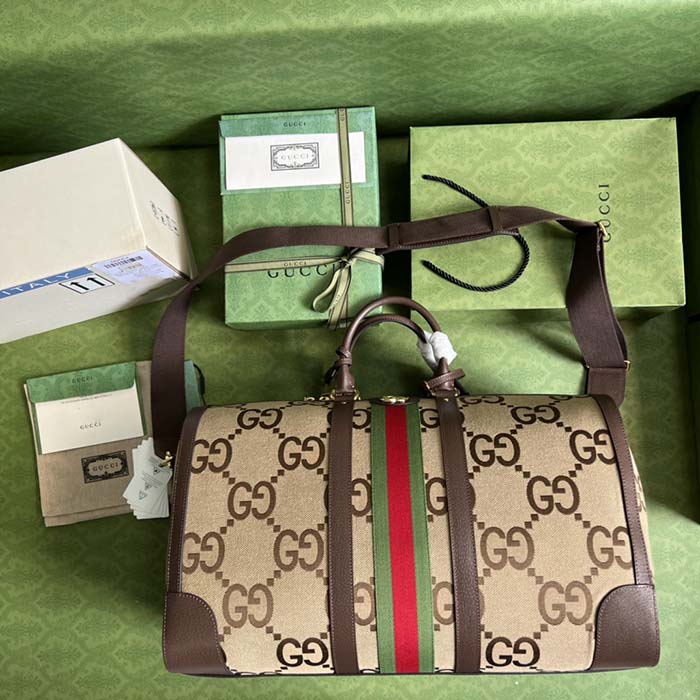 Gucci Unisex Jumbo GG Large Duffle Bag Camel Ebony Canvas Double G