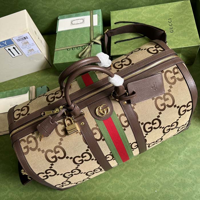 Gucci Unisex Jumbo GG Large Duffle Bag Camel Ebony Canvas Double G
