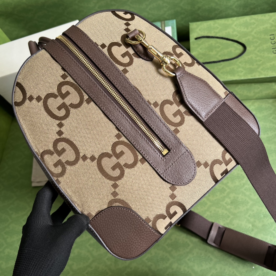 Gucci Unisex Jumbo GG Large Duffle Bag Camel Ebony Canvas Double G