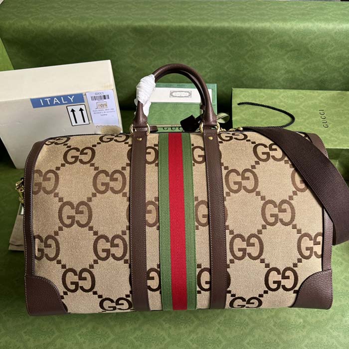 Gucci Unisex Jumbo GG Large Duffle Bag Camel Ebony Canvas Double G