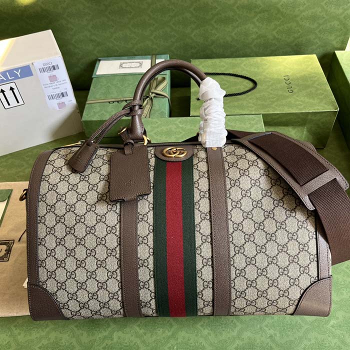 Gucci Unisex Savoy Large Duffle Bag Beige Ebony GG Supreme Canvas Double G