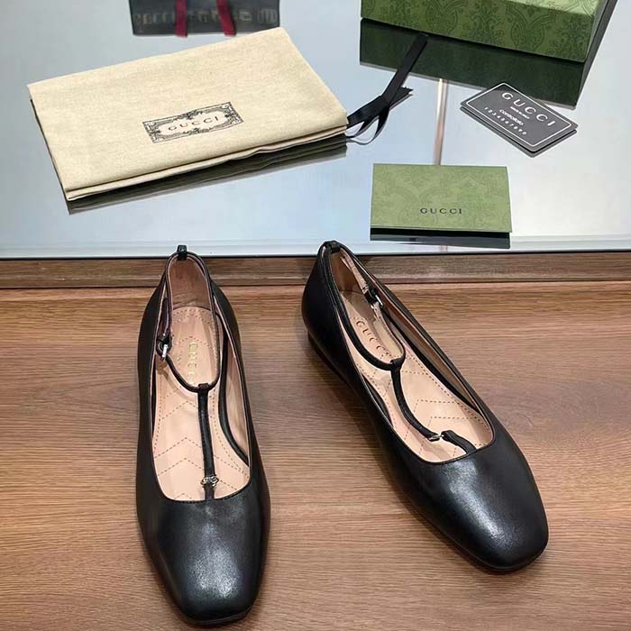 Gucci Women GG Ballet Flat Double G Black Leather Sole Flat 1 Cm Heel