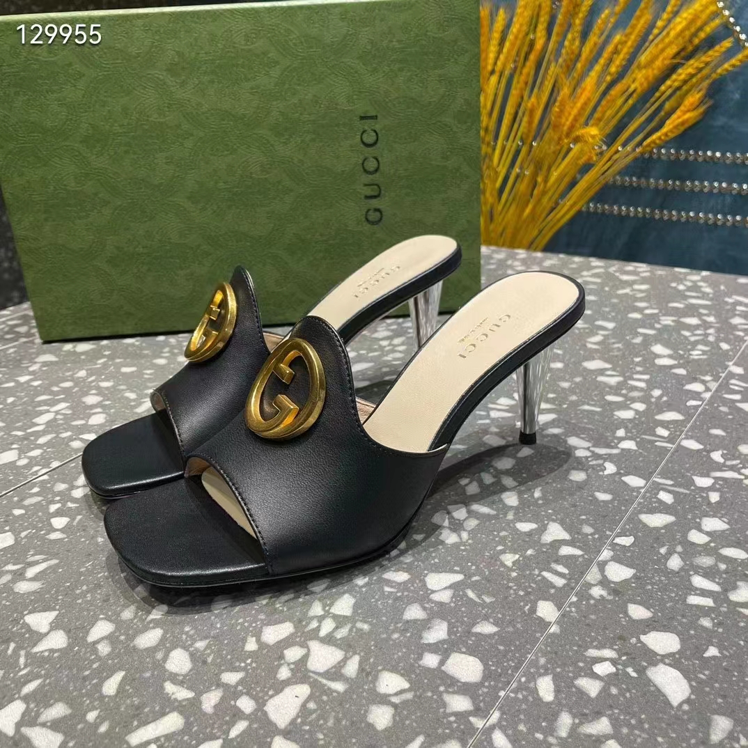 Gucci Women GG Blondie Slide Sandal Black Leather Metallic Mid Heel 6.6 Cm Heel