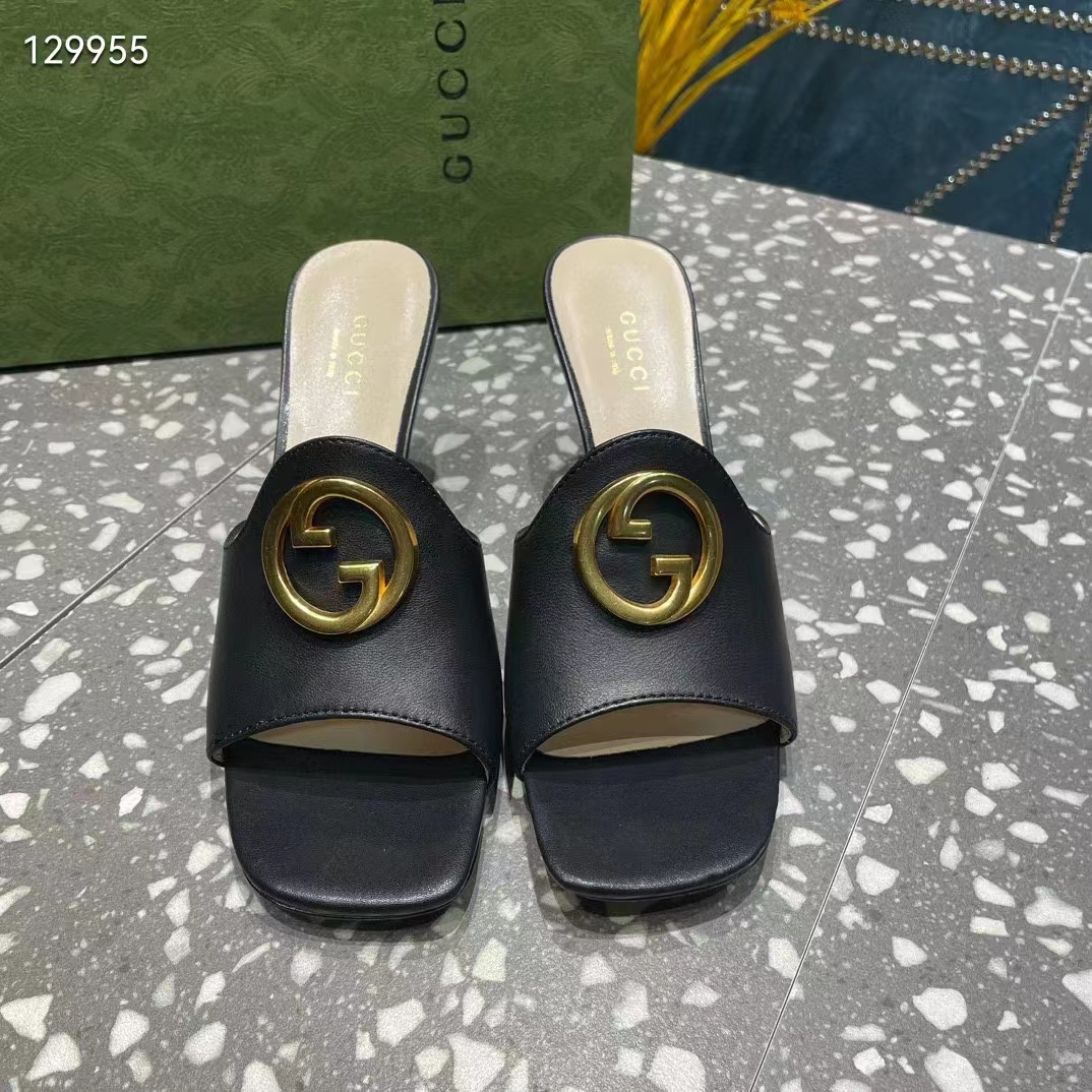 Gucci Women GG Blondie Slide Sandal Black Leather Metallic Mid Heel 6.6 Cm Heel