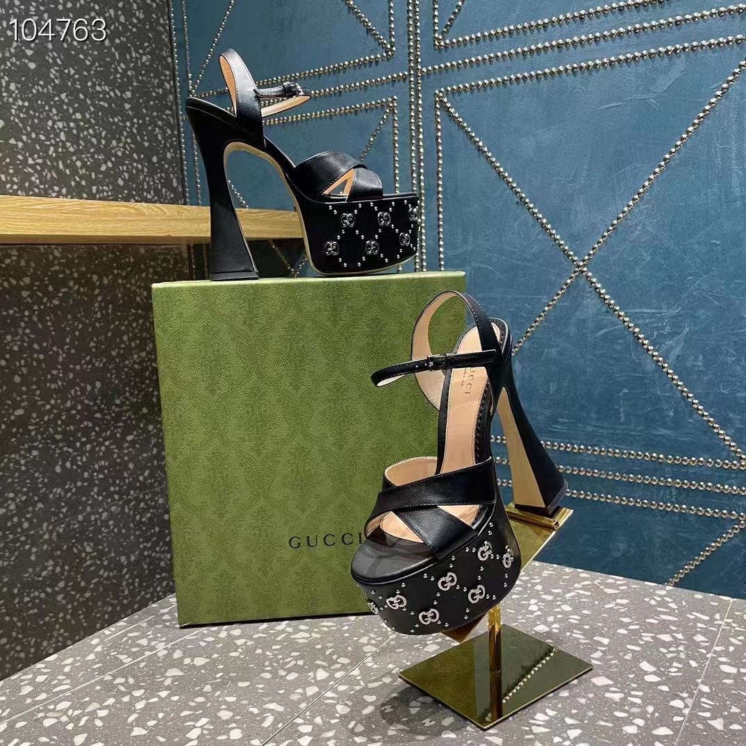 Gucci Women GG Interlocking G Studs Sandal Black Leather Spool High 15 Cm Heel
