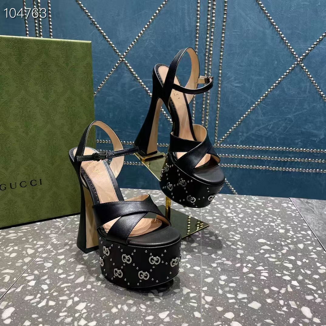 Gucci Women GG Interlocking G Studs Sandal Black Leather Spool High 15 Cm Heel