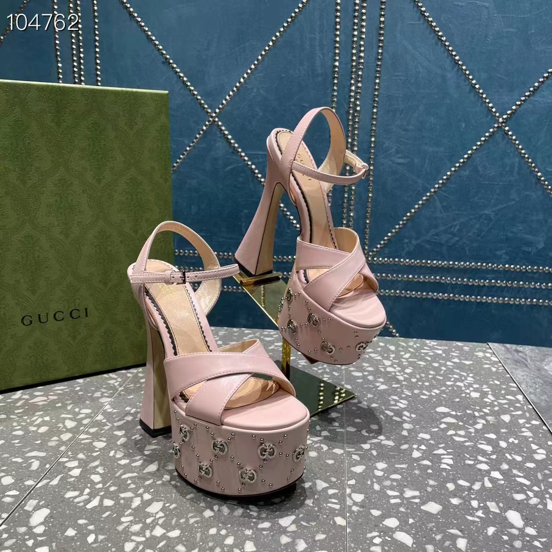 Gucci Women GG Interlocking G Studs Sandal Pink Leather Spool High 15 Cm Heel