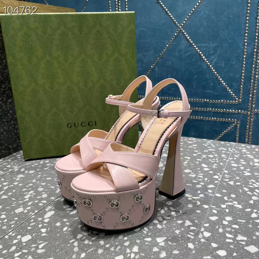 Gucci Women GG Interlocking G Studs Sandal Pink Leather Spool High 15 Cm Heel