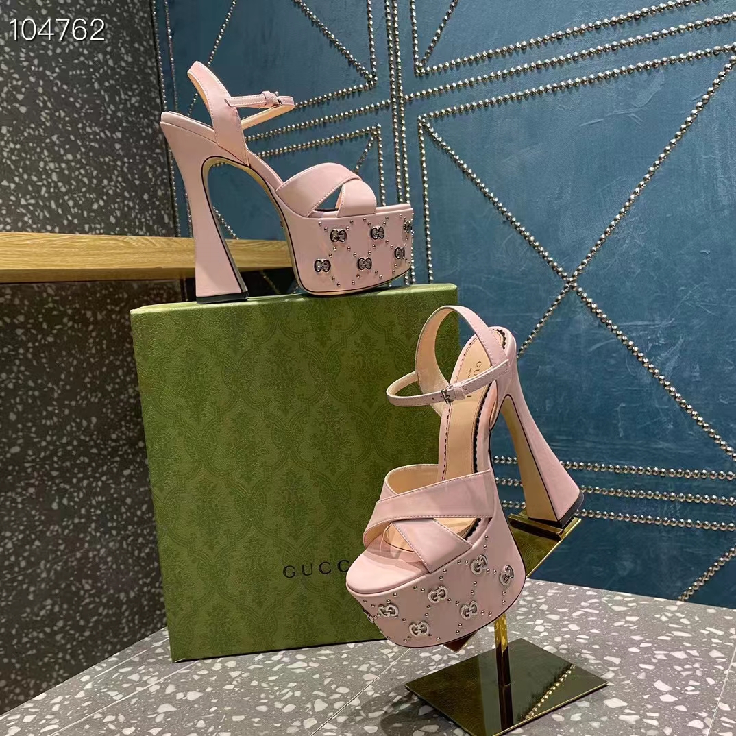 Gucci Women GG Interlocking G Studs Sandal Pink Leather Spool High 15 Cm Heel