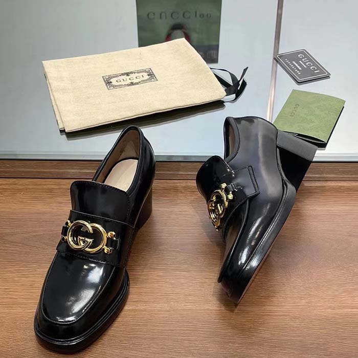 Gucci Women GG Loafer Interlocking G Shiny Black Leather Mid 6 Cm Heel