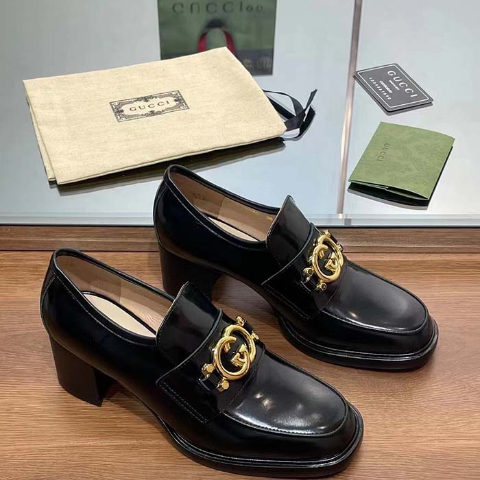Gucci Women GG Loafer Interlocking G Shiny Black Leather Mid 6 Cm Heel