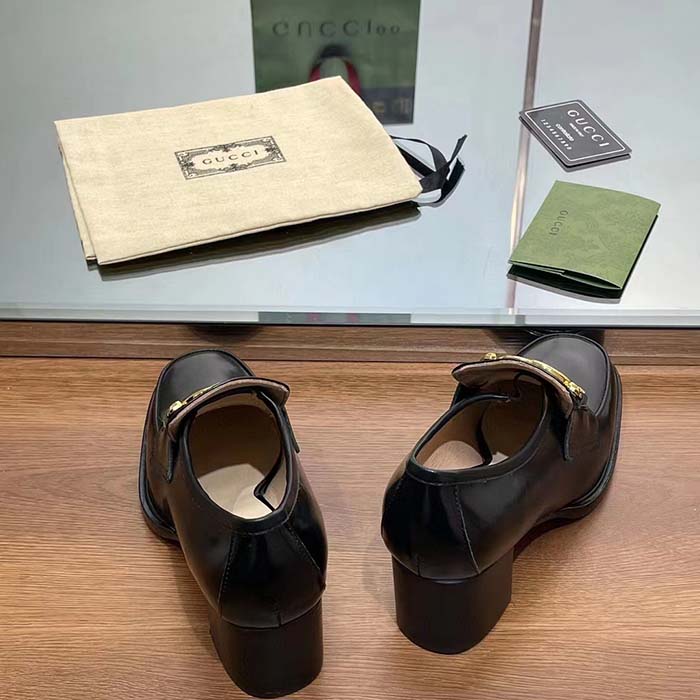 Gucci Women GG Loafer Interlocking G Shiny Black Leather Mid 6 Cm Heel