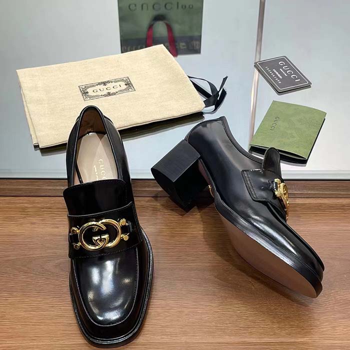 Gucci Women GG Loafer Interlocking G Shiny Black Leather Mid 6 Cm Heel