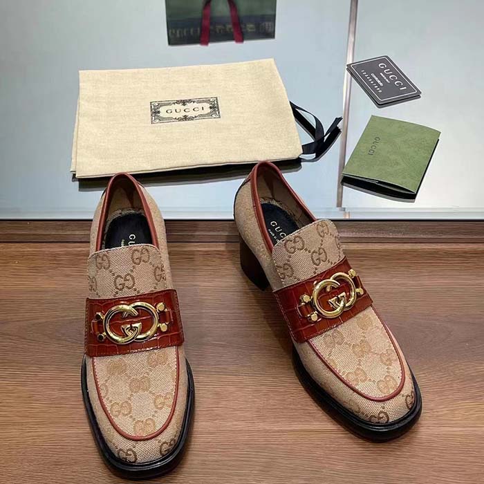 Gucci Women Loafer Interlocking G Beige Ebony Original GG Canvas Mid 5 Cm Heel