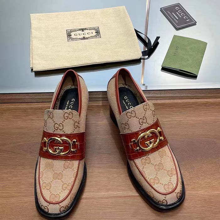 Gucci Women Loafer Interlocking G Beige Ebony Original GG Canvas Mid 5 Cm Heel