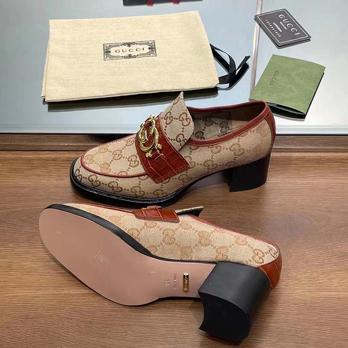 Gucci Women Loafer Interlocking G Beige Ebony Original GG Canvas Mid 5 Cm Heel