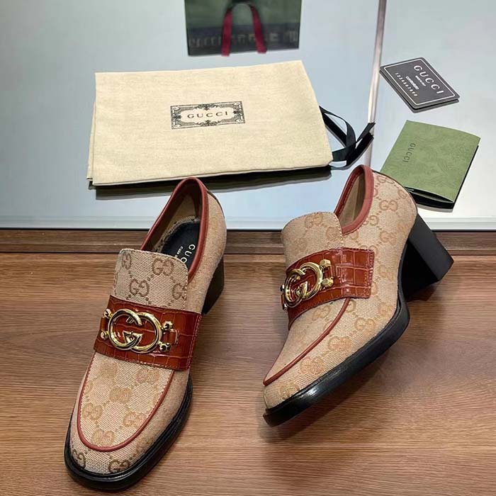 Gucci Women Loafer Interlocking G Beige Ebony Original GG Canvas Mid 5 Cm Heel