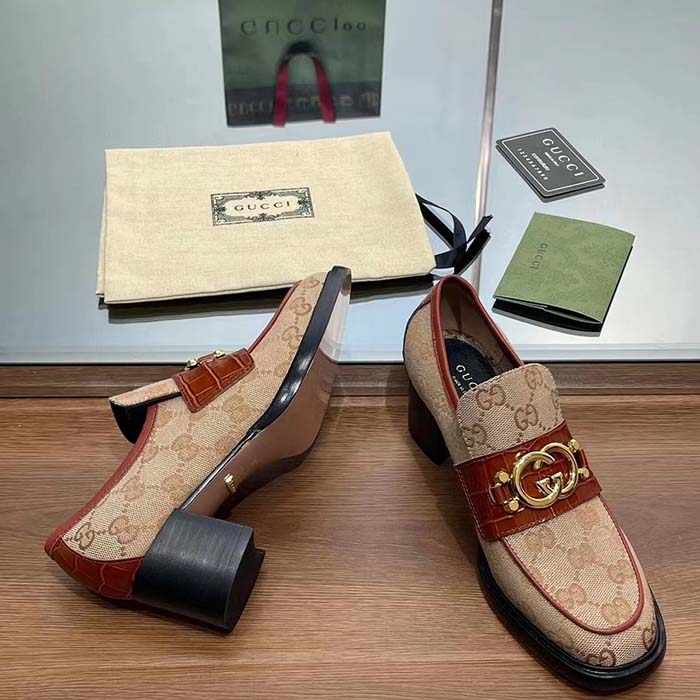 Gucci Women Loafer Interlocking G Beige Ebony Original GG Canvas Mid 5 Cm Heel