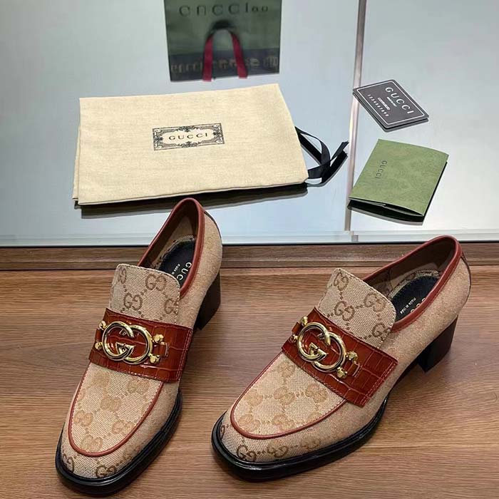 Gucci Women Loafer Interlocking G Beige Ebony Original GG Canvas Mid 5 Cm Heel