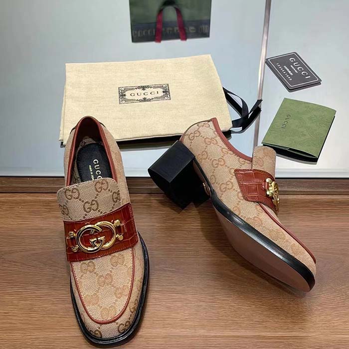 Gucci Women Loafer Interlocking G Beige Ebony Original GG Canvas Mid 5 Cm Heel