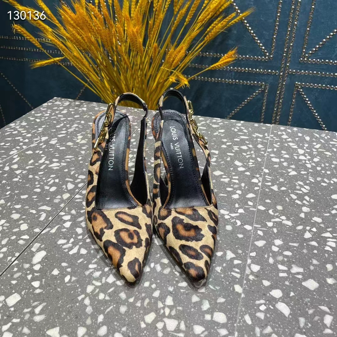 Louis Vuitton LV Women Sparkle Slingback Camel Brown Printed Satin Leather 9.5 Cm Heel