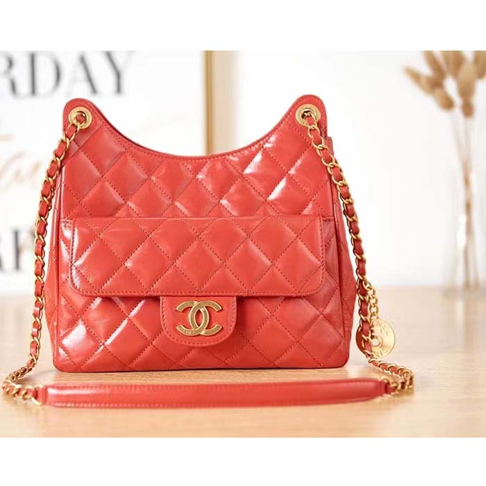Chanel Women CC Hobo Handbag Shiny Crumpled Calfskin Gold-Tone Metal Red