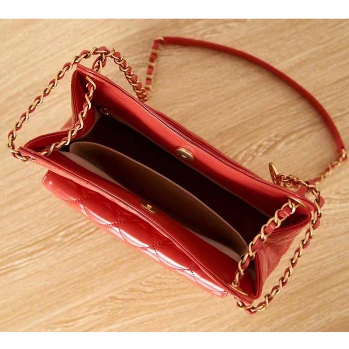 Chanel Women CC Hobo Handbag Shiny Crumpled Calfskin Gold-Tone Metal Red