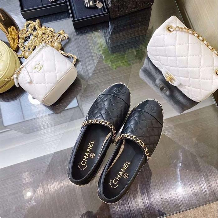 Chanel Women CC Loafer Tweed Calfskin Black Leather Gold Tone Metal