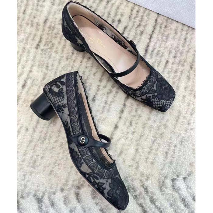 Dior CD Women D-Grace Ballet Pump Black Transparent Mesh Lambskin Roses Embroidery