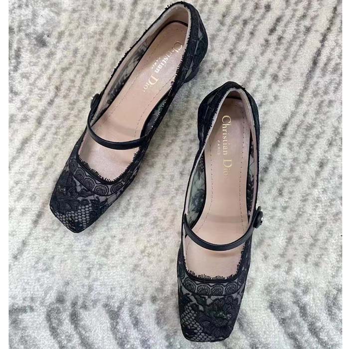 Dior CD Women D-Grace Ballet Pump Black Transparent Mesh Lambskin Roses Embroidery