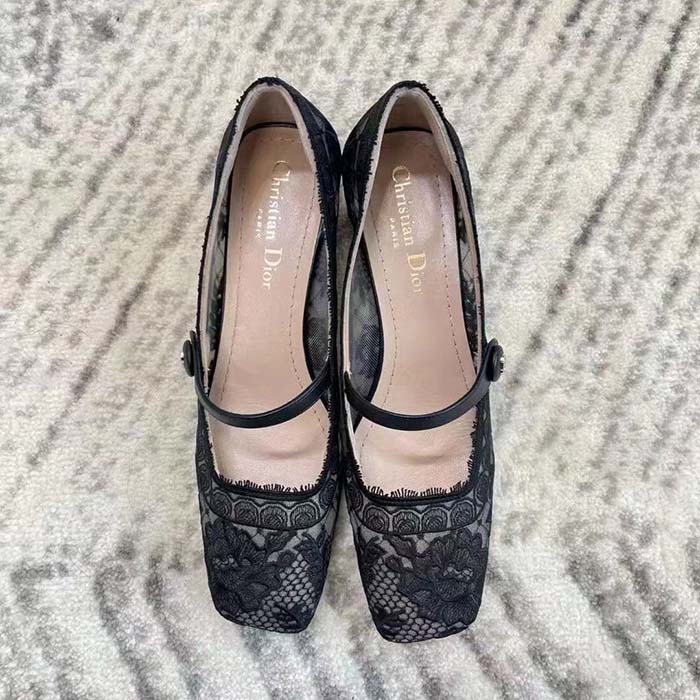 Dior CD Women D-Grace Ballet Pump Black Transparent Mesh Lambskin Roses Embroidery