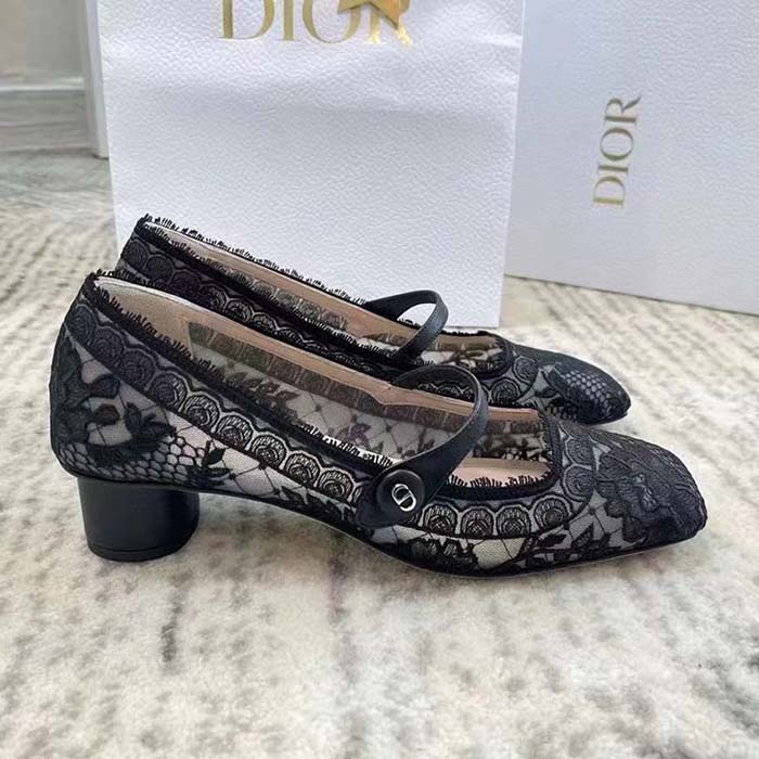 Dior CD Women D-Grace Ballet Pump Black Transparent Mesh Lambskin Roses Embroidery
