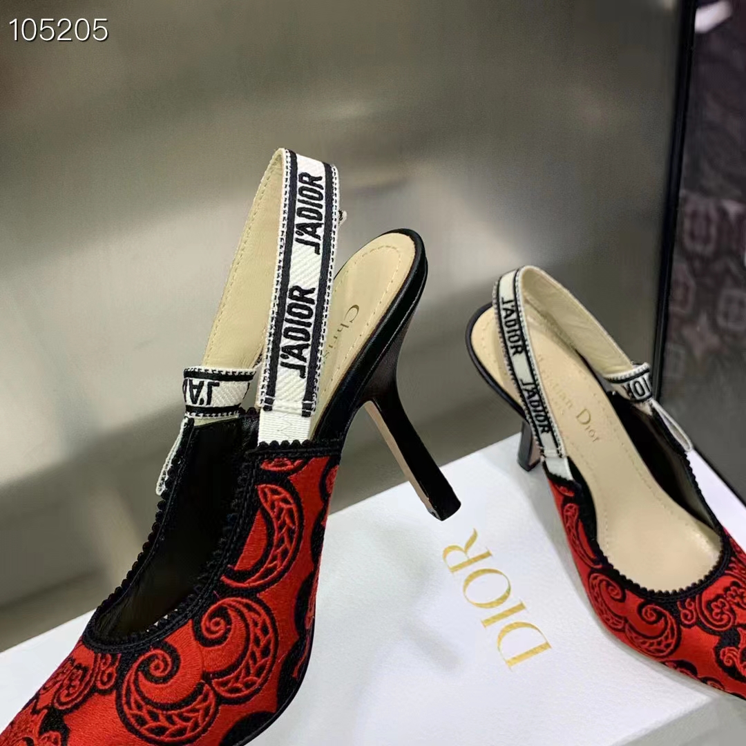 Dior CD Women J’Adior Slingback Pump Black Red Cotton Dior Bandana Embroidery