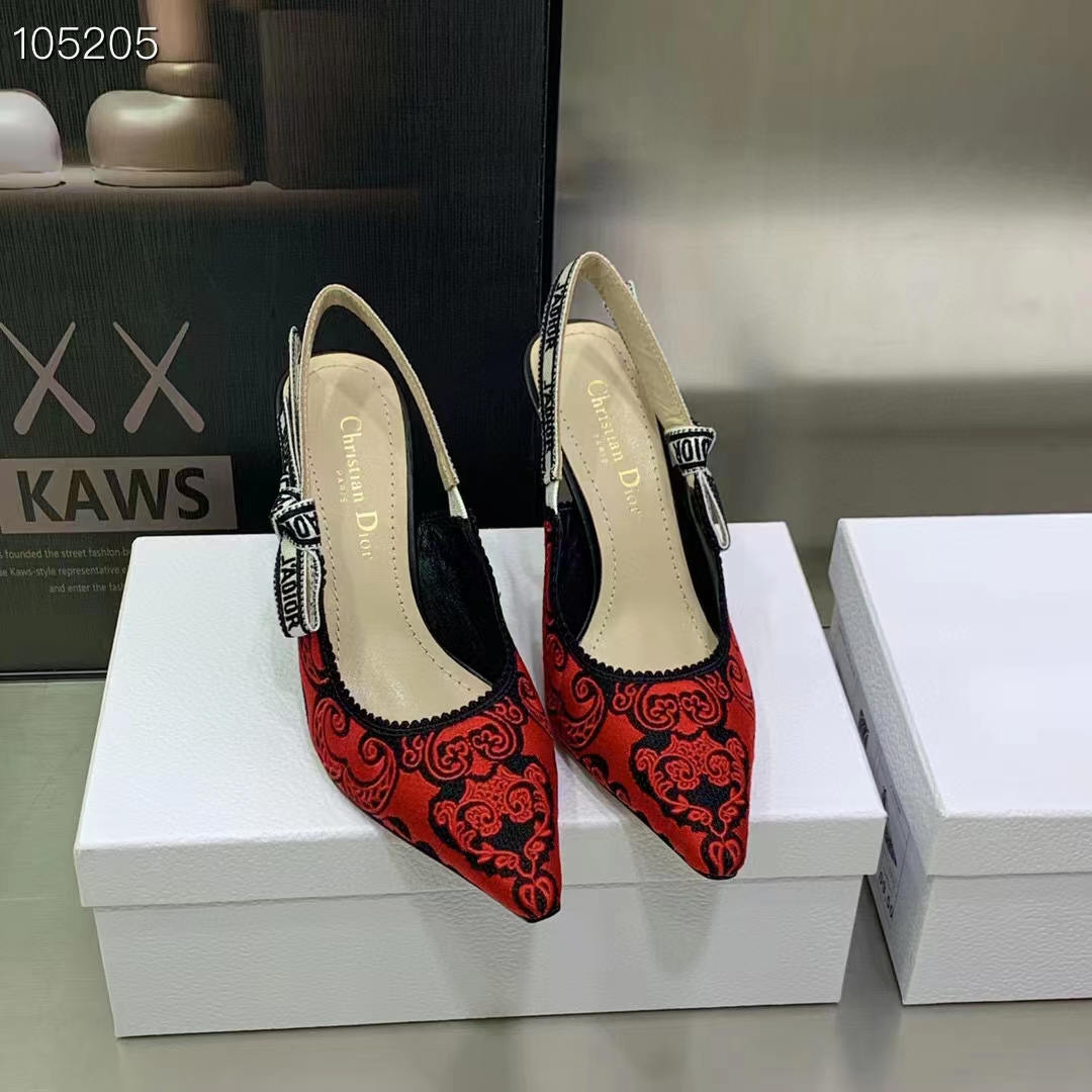 Dior CD Women J’Adior Slingback Pump Black Red Cotton Dior Bandana Embroidery
