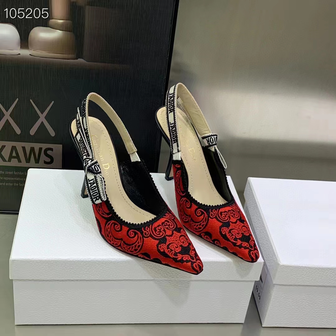 Dior CD Women J’Adior Slingback Pump Black Red Cotton Dior Bandana Embroidery