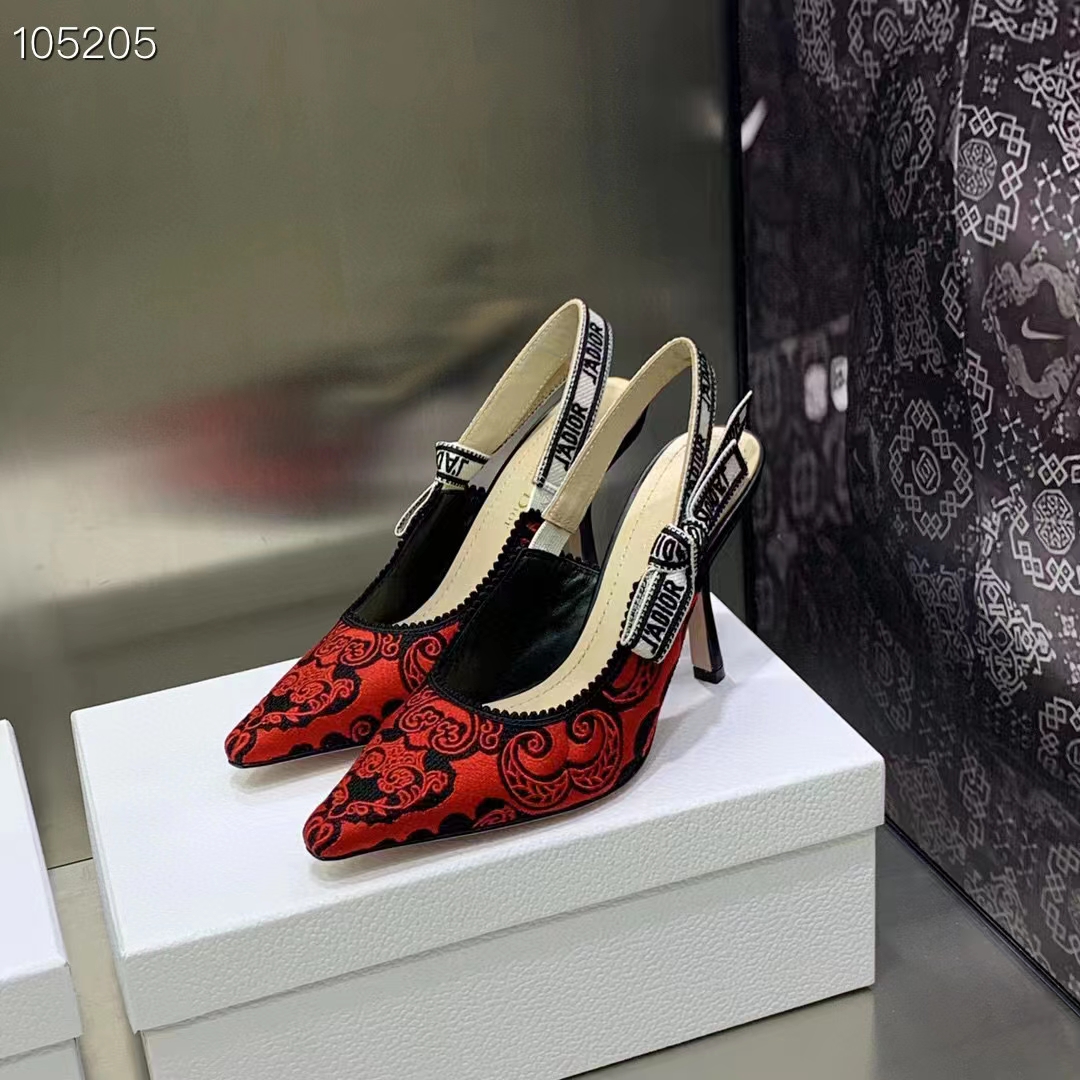 Dior CD Women J’Adior Slingback Pump Black Red Cotton Dior Bandana Embroidery