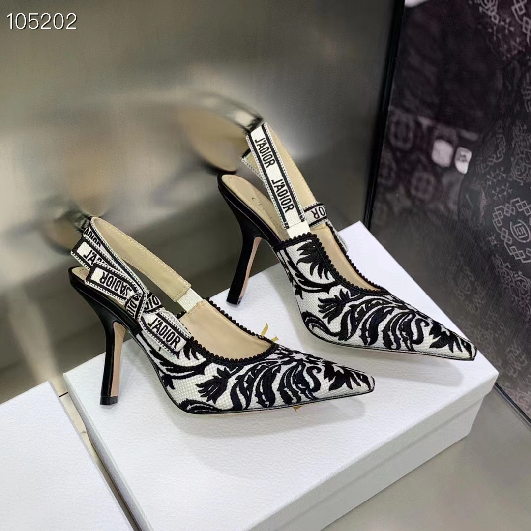 Dior CD Women J’Adior Slingback Pump Black White Ornamental Cotton Cornely Embroidery