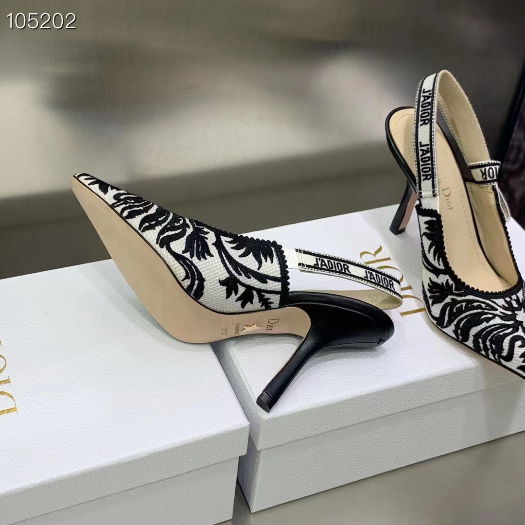 Dior CD Women J’Adior Slingback Pump Black White Ornamental Cotton Cornely Embroidery