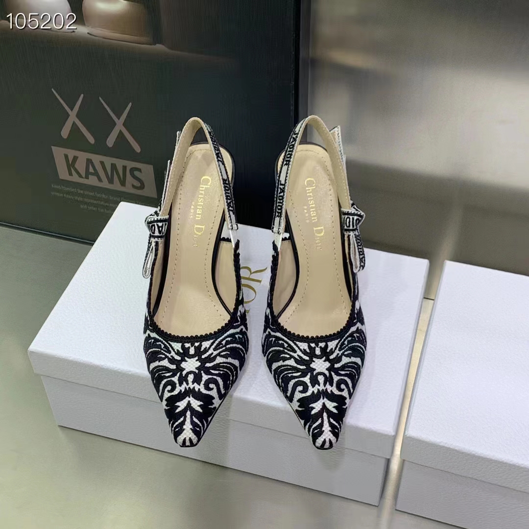 Dior CD Women J’Adior Slingback Pump Black White Ornamental Cotton Cornely Embroidery