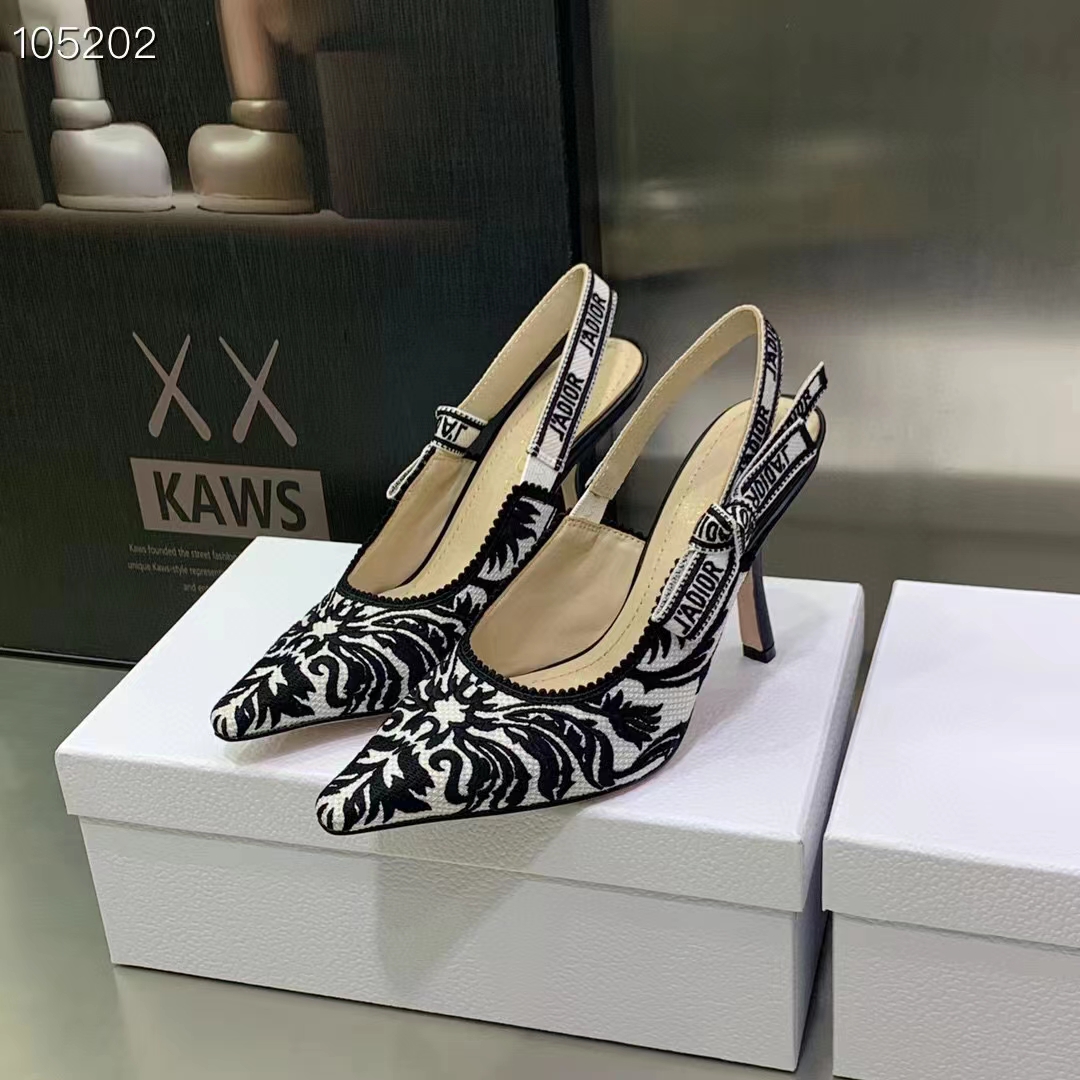 Dior CD Women J’Adior Slingback Pump Black White Ornamental Cotton Cornely Embroidery